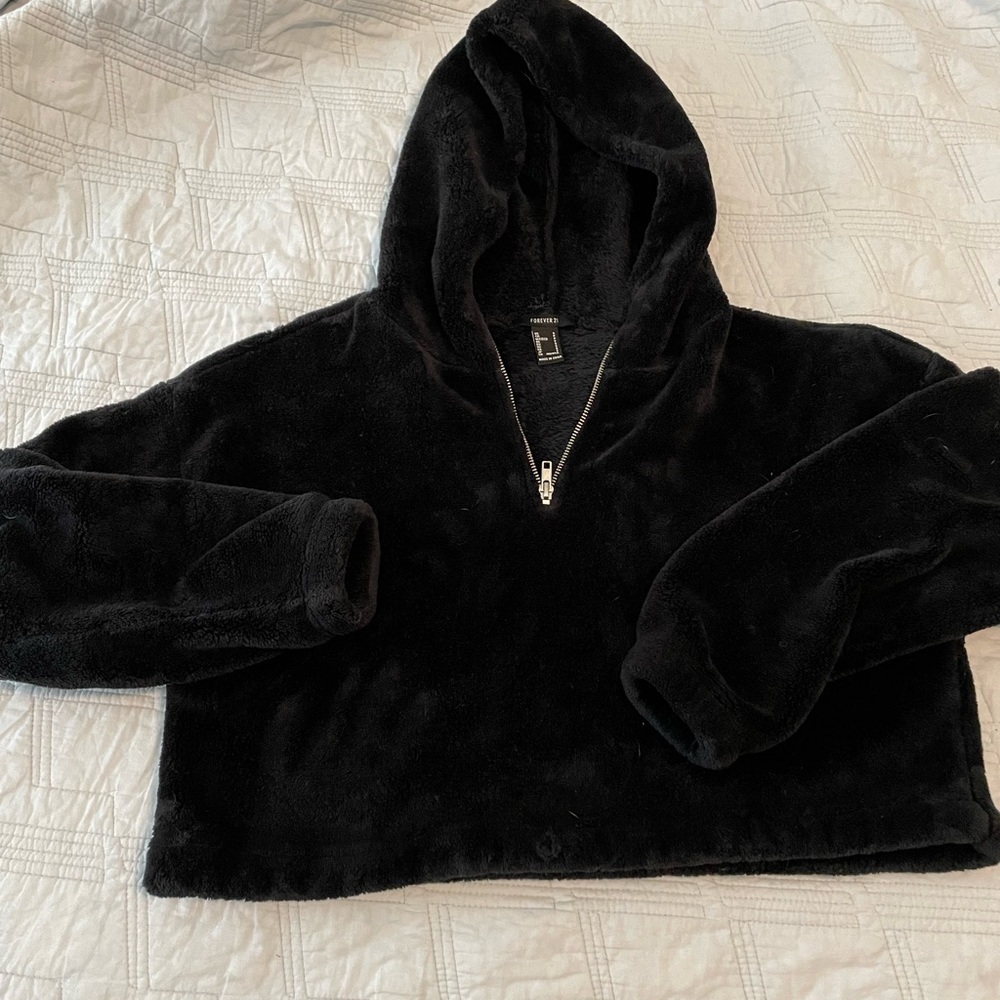 Black fuzzy Plush Half-Zip crop Hoodie